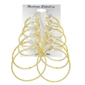 6-pair set of gold-colored textured large hoop earrings on a display card for women - Gold Glossy Textured Style (HS1732-6)
