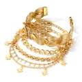 Elegant gold multi-layer bracelet set with clover charms and woven metal textures - Clover Pendant Woven Open Bangle Bracelet (HS1765-6)