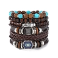 6-piece layered bracelet set with wood beads, turquoise, and blue evil eye charms - Evil Eye Sunflower Leather Cord Style (HS1759-3)