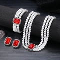 Dreireihiges Perlen-Schmuckset mit rechteckigen roten Edelsteinen und Armband - Rot (Silberbasis)