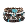 Bohemian multilayer bead bracelet set featuring a turquoise sea turtle and leather weave - Turtle Turquoise Cotton Rope Braided Style (HS1759-4)