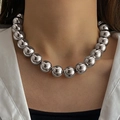 Statement silver chunky bead necklace with high polished metallic finish for women - Silver Large Diameter Metal Round Bead Necklace (HS1979-9)