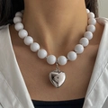 Layered chunky white pearl beaded necklace with a large polished silver heart pendant - White Round Bead Silver Heart Pendant Necklace (HS1979-14)