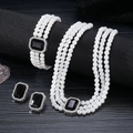 Dreilagiges Perlen-Schmuckset mit schwarzem Edelstein-Akzent und passenden Ohrringen - Schwarz (Silberne Basis)