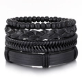 Handmade 4-piece black leather and wood bead stackable bracelet set for men - Punk All Black Leather Braided Style (HS1759-13)