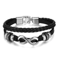 Men's double-layer black leather bracelet featuring a silver infinity charm and metal clasp - Vintage Infinity Symbol Leather Style (HS1759-16)