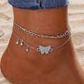 Silbernes Schicht-Fußkettchen Set mit Schmetterlings-Anhänger und Strass am Strand - Silber Schmetterling Strass Mehrschichtiges Set (HS1419-2)