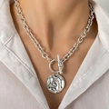Silver double-layer chunky chain necklace with a hammered round pendant and OT buckle - Silver Coin Pendant Style (HS1849)