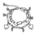 Double-layer silver chain bracelet with heart pendants and bead charms for women - Heart Pendant Multi Layer Bracelet (HS1806-5)