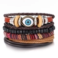 Pulsera multicapa vintage de cuero con cuentas de madera y amuleto de ojo turco azul - Combinación Multicapa Ojo de la Suerte (HS1837-4)
