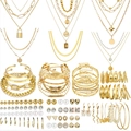 67-teiliges goldenes Schmuckset mit Halsketten, Perlenohrringen und Armreifen auf Weiß - 67-teiliges Mega-Wert Schmuck Bundle Set (HS1866-15)