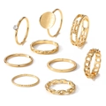 Set detallado de 9 anillos dorados con bandas trenzadas y diseños geométricos texturizados - Juego de Anillos Bohemios Simples de 9 Piezas (HS1877-9)