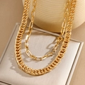 Collier double couche doré épais avec maillons trombone et chaîne gourmette style - Double Trombone Cubain Doré (HS1838-8)