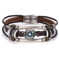 Bohemian meerlaagse lederen armband met blauwe steen, bloemhanger en stalen sluiting - Zonnebloem Turkoois Stijl (HS1828-4)