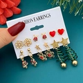 6-pair set of Christmas earrings with reindeer and snowflake charms in red and gold - Snowflake Fawn Bell And Spiral Christmas Tree Style (HS1885-5)