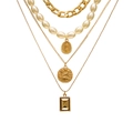 Böhmisches mehrlagiges Halskettenset mit Goldketten, Kunstperlen und braunem Kristall - 4-lagige Bohème Münz Perlenkette (HS1866-2)