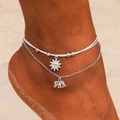 Mehrlagiges Strand-Fußkettchen mit Silber-Sonnenanhänger und Boho-Elefanten-Charm - Sonne Elefant Anhänger Stil (HS1881-12) / Silber