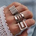 3er-Set geometrische silberne Ringe mit Rechteckform und gerippter Textur - Minimalistisches Punk-Set (HS1967-5)