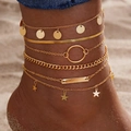 Set of 6 gold layered anklets with sequins, stars, and chunky chains for beach style - Golden Six Layer Five-Pointed Star Style (HS1926-11)