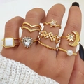 8-piece gold-toned ring set with emerald heart, stars, moon, and pearl charms - Artificial Pearl Star Moon Retro 8-Piece Set (HS1981-9)