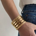 Stackable gold cuff bracelet set with smooth and textured wave pattern designs - Polished Stackable Wide Style (HS1974-1)