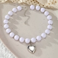 Collar de perlas con colgante de corazón plateado y cierre de mosquetón ajustable - Estilo Corazón de Cadena de Cuentas Plateadas