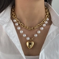 Layered gold cuban chain and pearl necklace with a 3D gold heart pendant for women - Gold Curb Chain Patchwork Pearl Heart Necklace (HS1979-7)