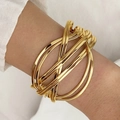 Polished gold multi-layer woven geometric bangle bracelet worn by model on wrist - 3D Multi-layer Woven Style (HS1974-8)