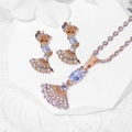 Rose gold jewelry set with fan-shaped zircon necklace and stud earrings on white display - Fan Ellipse Main Stone Style (HYL415002 Gold)