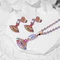 Elegant rose gold jewelry set with colorful fan-shaped zircon necklace and earrings - Fan Multicolor Gemstone Style (HYL415002 Mixed Color)