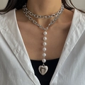 Multi-layer silver chain necklace featuring white pearls and a large heart pendant - Silver Y-shaped Chain Patchwork Pearl Heart Necklace (HS1979-12)