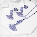 Elegant silver-toned necklace and earrings set with fan-shaped zircon pendants on white stand - Fan Oval Main Stone Style (HYL415002 Silver)