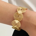 Golden multi-layer wavy cuff bracelet with fine horizontal engraved texture - Multi-layer Wave Textured Style (HS1974-11)
