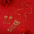 Fashion zircon necklace and earring set with golden hollow fan pendants and long tassels - Semi-circle Fan Hollow Tassel Style(TZ002)
