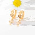 Chic gold-plated hoop earrings with sparkling zircon hearts and a cross drop pendant - Heart-Shaped Pave (EH040)