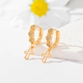 Elegant gold hoop earrings with sparkling zircon clusters and a hollow cross pendant - Micro Pave Flower Cluster Cross (EH049)