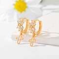 Gold plated hoop earrings with zircon stones and cross pendant on stone background - Six Stone Inlaid Hoop Cross (EH051)