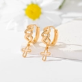 Gold plated huggie hoop earrings with zircon chain pattern and dangling hollow cross charm - Intertwined Chain Link Cross (EH050)