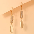 Elegant gold-plated earrings with rectangle crystal cluster and smooth leaf drop charm - Rectangle Clustered Rhinestone Leaf Pendant Style (EH095)