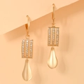 Elegant gold plated teardrop earrings with vertical pavé set zirconia crystals - Three Rows Round Rhinestone Inlaid Water Drop Style (EH096)
