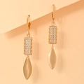 Detail of gold-plated drop earrings with cubic zirconia inlay and leaf pendant charm - Pave Rhinestone Rectangle Smooth Leaf Style (EH104)