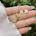 Close-up of 18K gold-plated cross and religious medallion necklace with oval earrings - Set 2