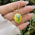 18K gold plated tulip enamel locket necklace with elegant bead cable chain design - 18K Gold / Yellow Enamel With Light Blue Tulip