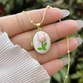18K gold plated tulip locket necklace with white enamel oval pendant on snake chain - 18K Gold / White Enamel With Pink Tulip
