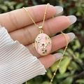 Collana con medaglione ovale vintage in oro 18 carati con smalto rosa e fiori dipinti - Oro 18K / Rosa