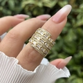 Macro shot of 18K gold plated wide ring with rectangular and round cubic zirconia pavé - Wide Geometric Inlaid Stone Style (5)