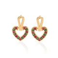 Detail of gold heart earrings with micro-paxed green and red cubic zirconia stones - Heart / Gold