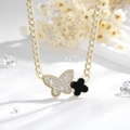 14K gold plated necklace set with zircon butterfly and black clover pendants - 14k / White Butterfly Necklace