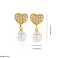 Elegant gold heart earrings with zircon inlay and round white pearls for women - EH285 Heart Gold Style