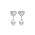 Elegant gold-plated heart earrings with sparkling cubic zirconia and white pearls - EH285 Heart Silver Style